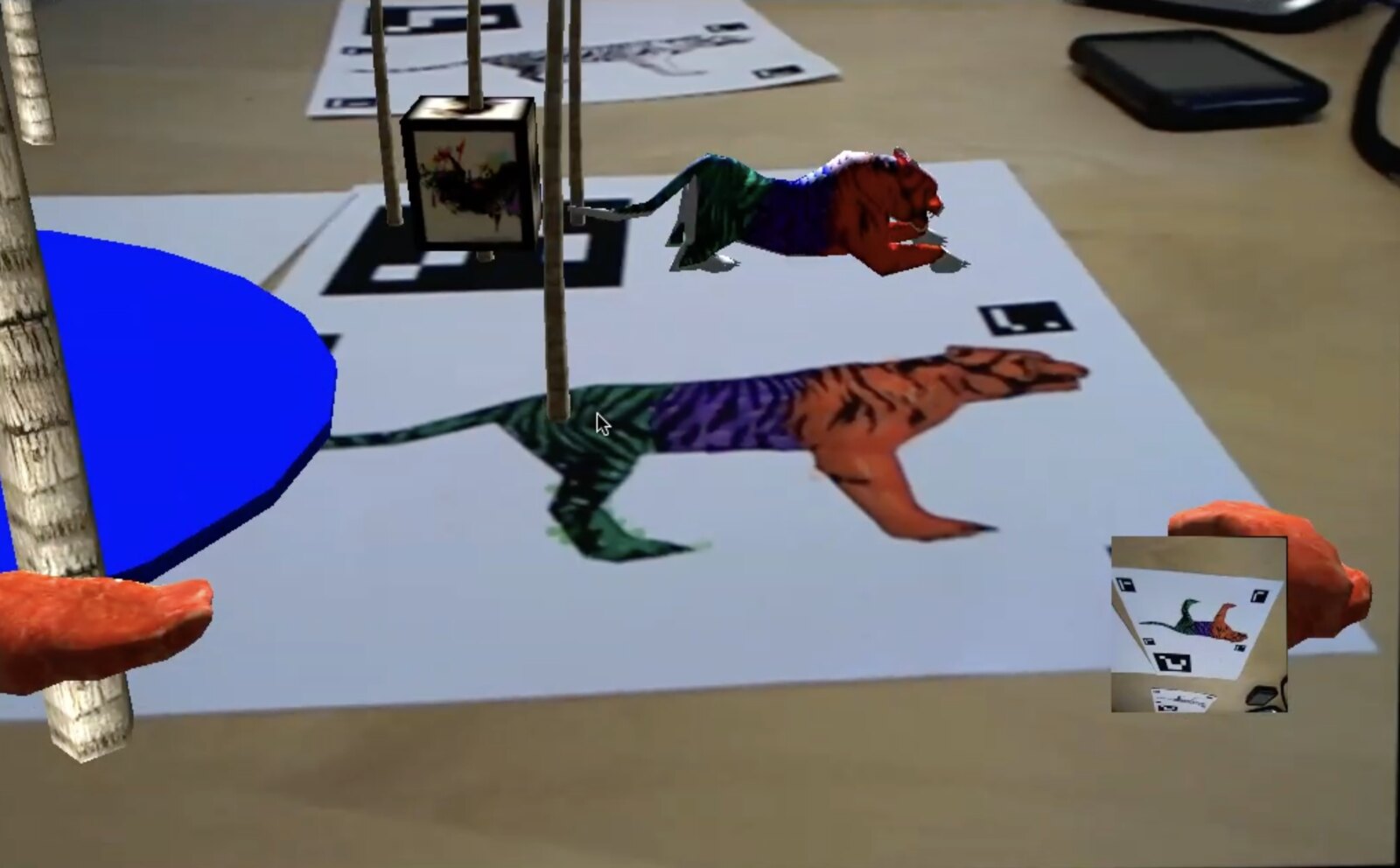 A child's coloured tiger drawing, green legs, purple back, orange face, on paper, and the same drawing texture-mapped onto a walking 3D tiger above it